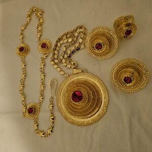 Authentic Saudi Eritrean Ethiopian Gold Plated Red Jewelry Set